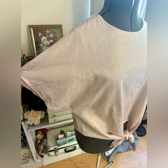 NWT ANNE KLEIN Pink & Gold Linen Blend Pearlescent Sz M Bowed Front Hem Luxury - Picture 8 of 10